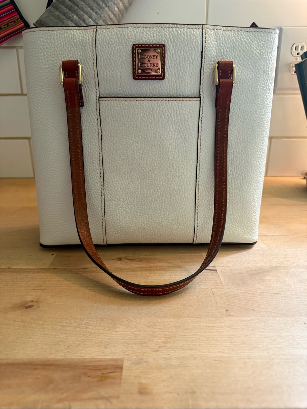 Dooney & Bourke Pebble Grain Tote White Leather Crossbody Bag Cognac Trim